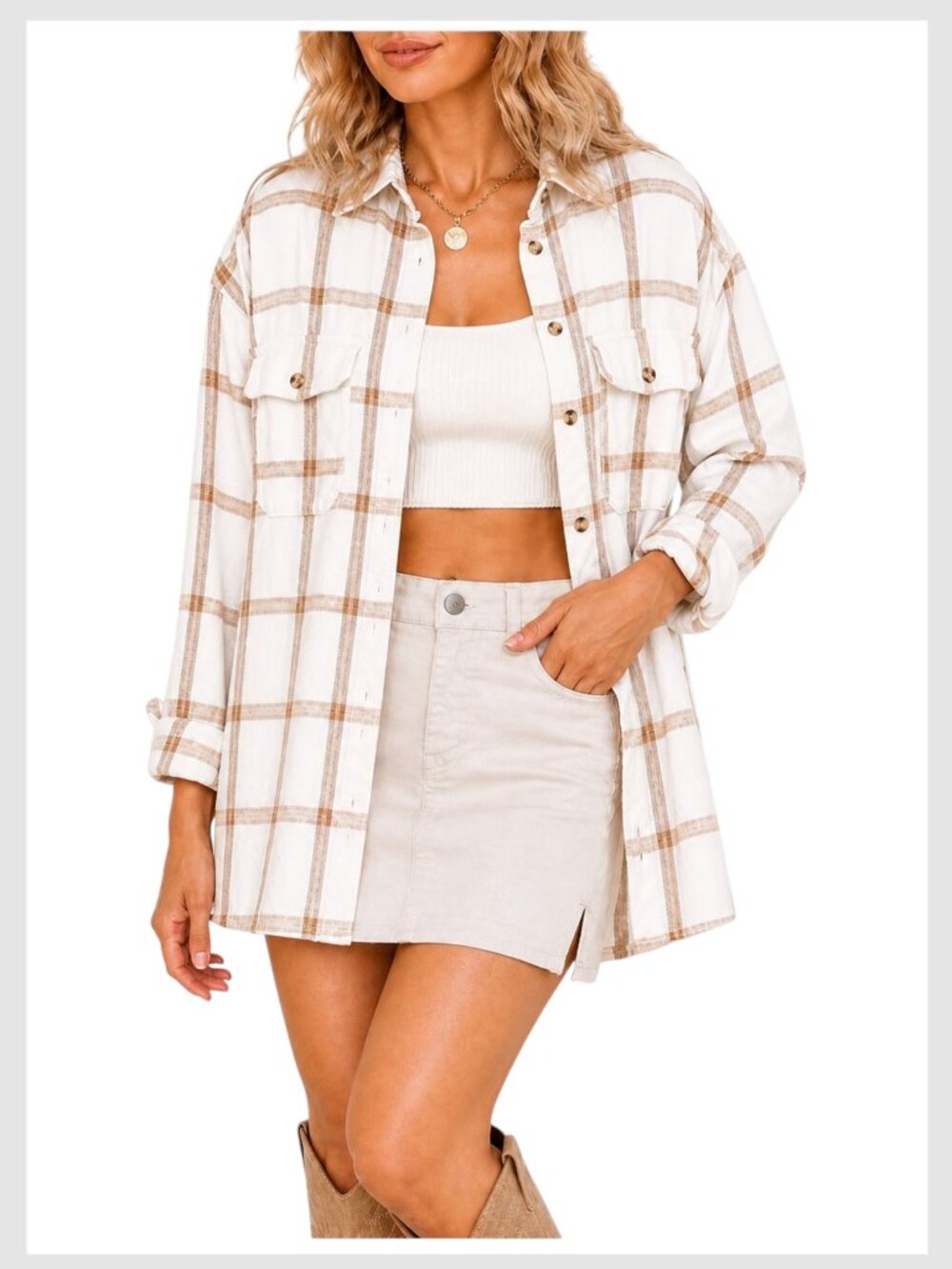 Billabong Flannel Shirt Cream Brown Plaid Oversized Button Down M
